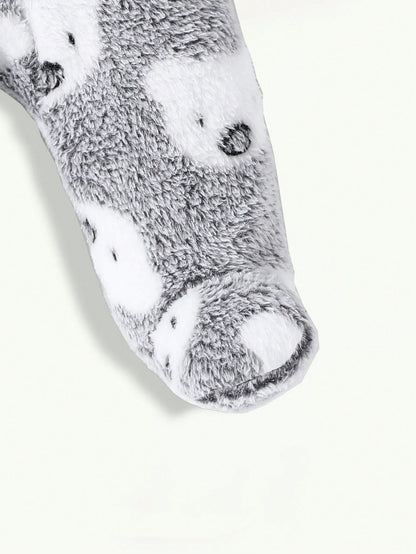 2pcs Cute Koala Print Embroidered Warm Soft Thicken Fleece Newborn Jumpsuit Jumpsuit, Homewear For Autumn/Winter Night Light Grey Grey Kawaii Cute