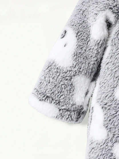 2pcs Cute Koala Print Embroidered Warm Soft Thicken Fleece Newborn Jumpsuit Jumpsuit, Homewear For Autumn/Winter Night Light Grey Grey Kawaii Cute
