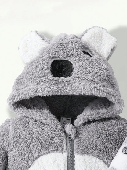 2pcs Cute Koala Print Embroidered Warm Soft Thicken Fleece Newborn Jumpsuit Jumpsuit, Homewear For Autumn/Winter Night Light Grey Grey Kawaii Cute