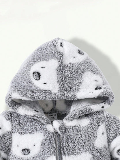 2pcs Cute Koala Print Embroidered Warm Soft Thicken Fleece Newborn Jumpsuit Jumpsuit, Homewear For Autumn/Winter Night Light Grey Grey Kawaii Cute