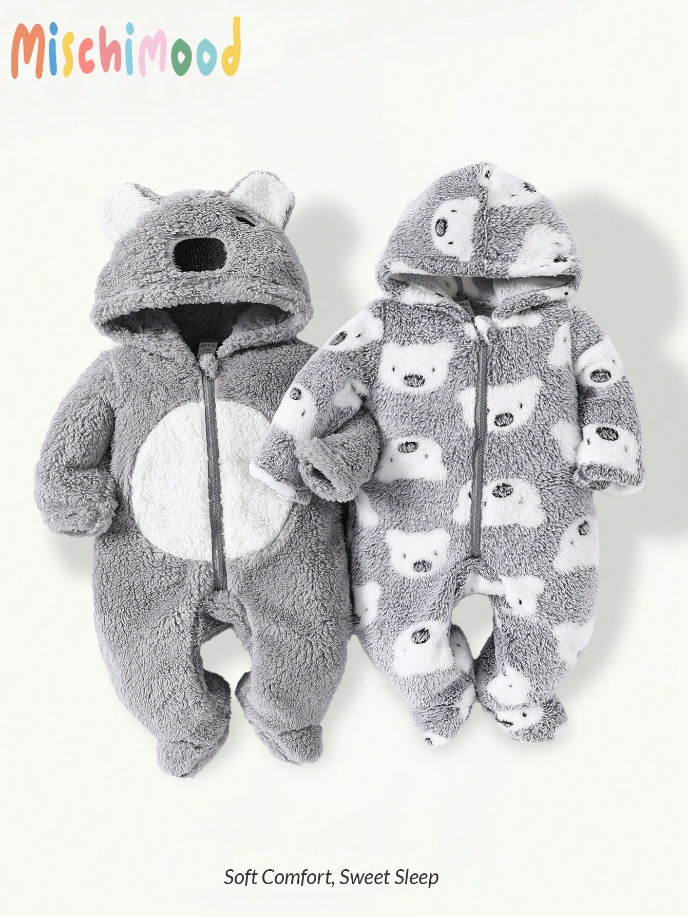 2pcs Cute Koala Print Embroidered Warm Soft Thicken Fleece Newborn Jumpsuit Jumpsuit, Homewear For Autumn/Winter Night Light Grey Grey Kawaii Cute