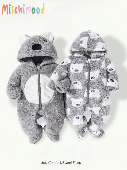 2pcs Cute Koala Print Embroidered Warm Soft Thicken Fleece Newborn Jumpsuit Jumpsuit, Homewear For Autumn/Winter Night Light Grey Grey Kawaii Cute