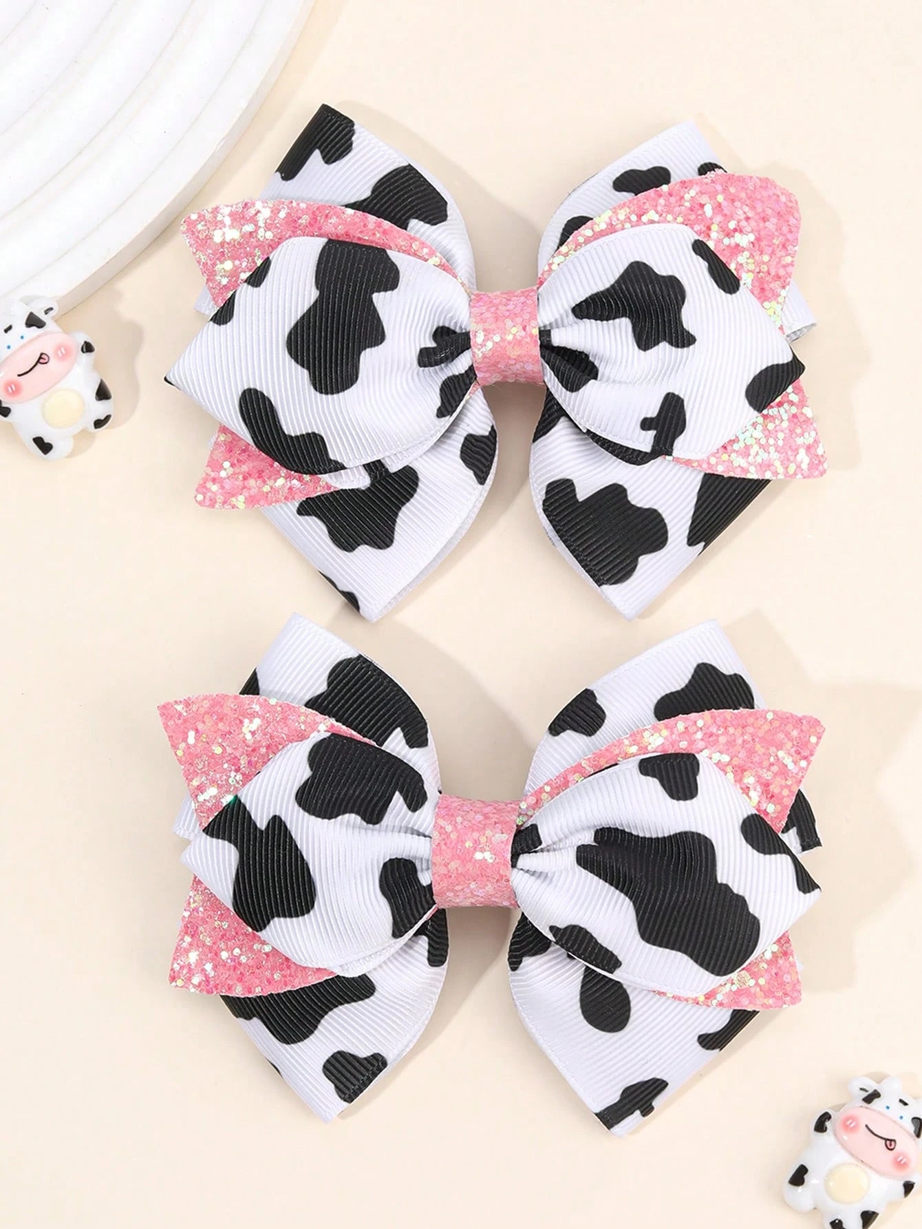 2pcs Girls Cow Print Hair Bows, Cute Pink Glitter Bowknot Hair Clips, Cow Pattern Ribbed Satin Ribbon Bowknot Hair Clips, Cute Hair Accessories, Baby Hair Accessories