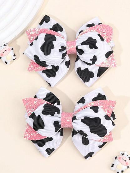 2pcs Girls Cow Print Hair Bows, Cute Pink Glitter Bowknot Hair Clips, Cow Pattern Ribbed Satin Ribbon Bowknot Hair Clips, Cute Hair Accessories, Baby Hair Accessories