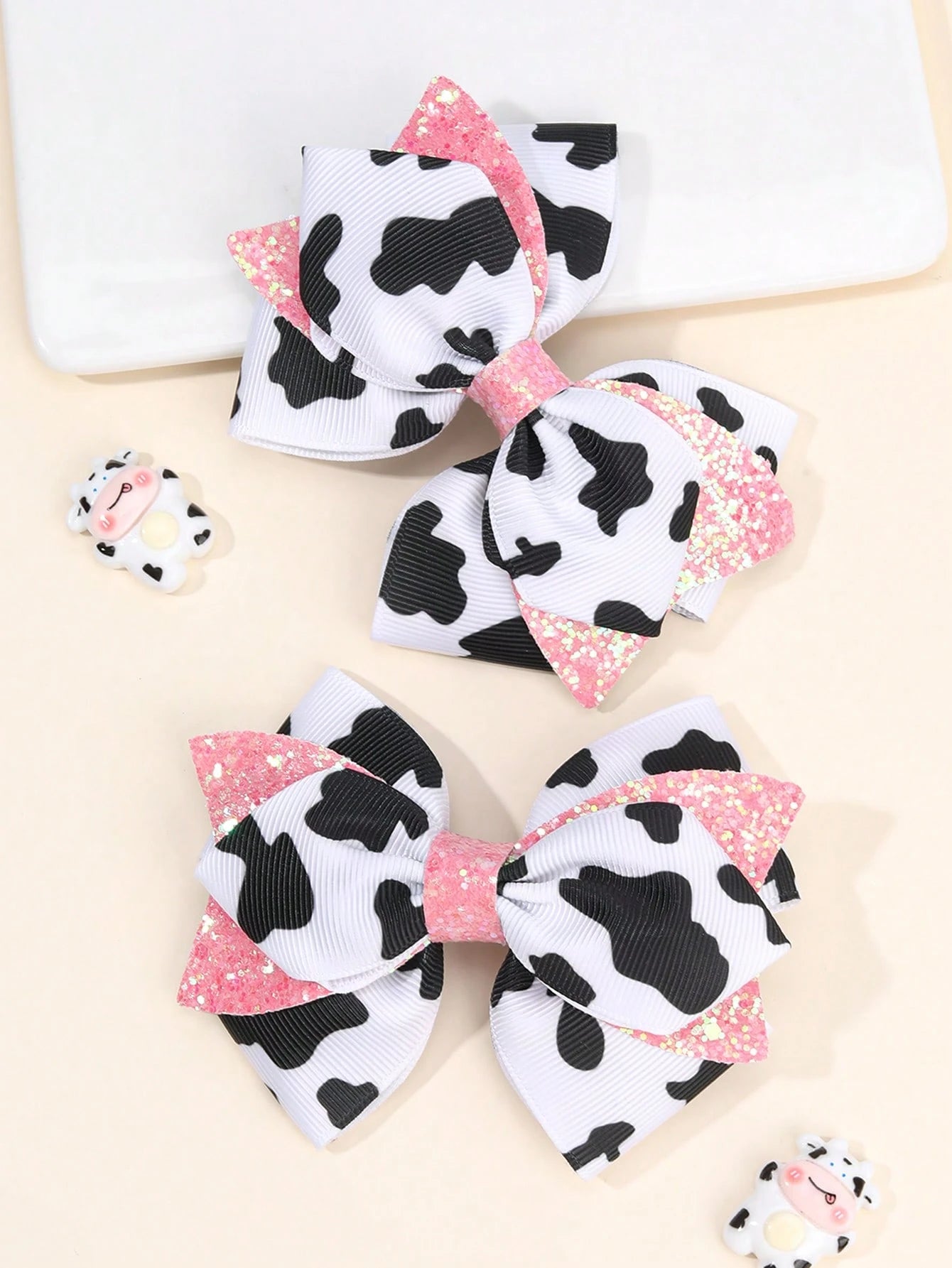 2pcs Girls Cow Print Hair Bows, Cute Pink Glitter Bowknot Hair Clips, Cow Pattern Ribbed Satin Ribbon Bowknot Hair Clips, Cute Hair Accessories, Baby Hair Accessories