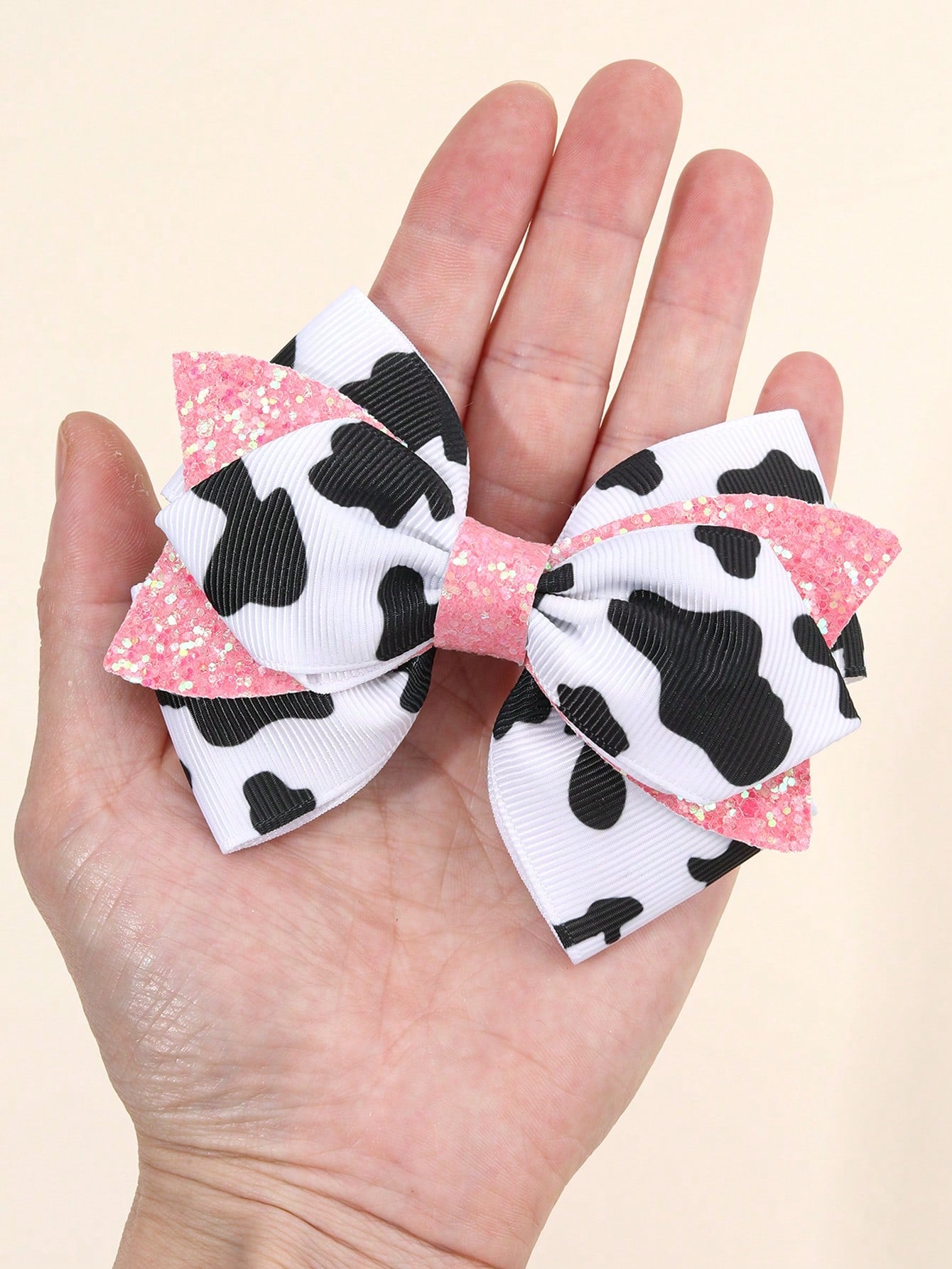 2pcs Girls Cow Print Hair Bows, Cute Pink Glitter Bowknot Hair Clips, Cow Pattern Ribbed Satin Ribbon Bowknot Hair Clips, Cute Hair Accessories, Baby Hair Accessories