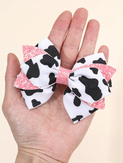 2pcs Girls Cow Print Hair Bows, Cute Pink Glitter Bowknot Hair Clips, Cow Pattern Ribbed Satin Ribbon Bowknot Hair Clips, Cute Hair Accessories, Baby Hair Accessories