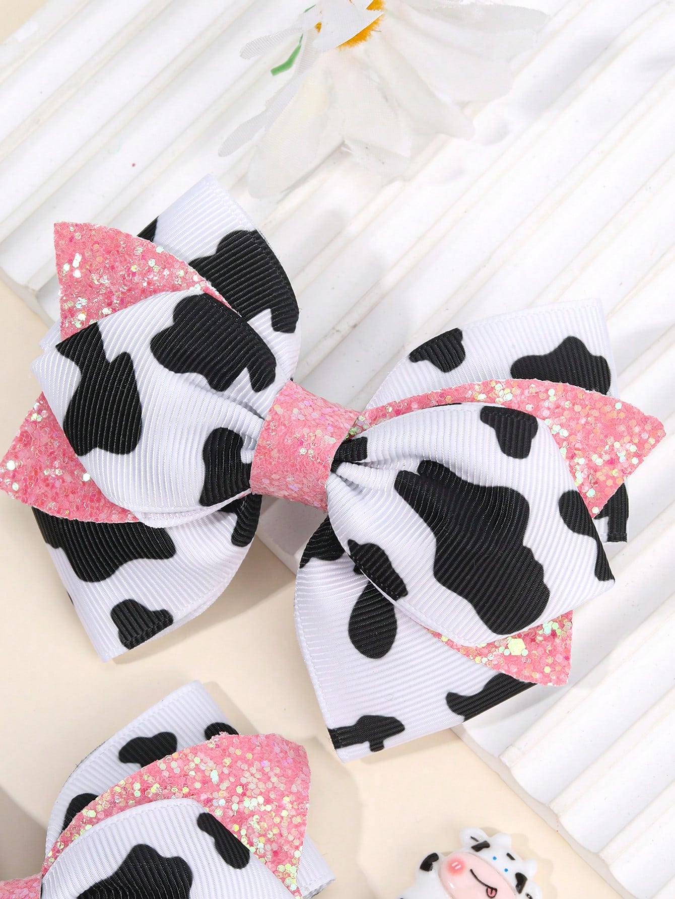 2pcs Girls Cow Print Hair Bows, Cute Pink Glitter Bowknot Hair Clips, Cow Pattern Ribbed Satin Ribbon Bowknot Hair Clips, Cute Hair Accessories, Baby Hair Accessories