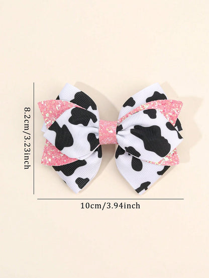 2pcs Girls Cow Print Hair Bows, Cute Pink Glitter Bowknot Hair Clips, Cow Pattern Ribbed Satin Ribbon Bowknot Hair Clips, Cute Hair Accessories, Baby Hair Accessories