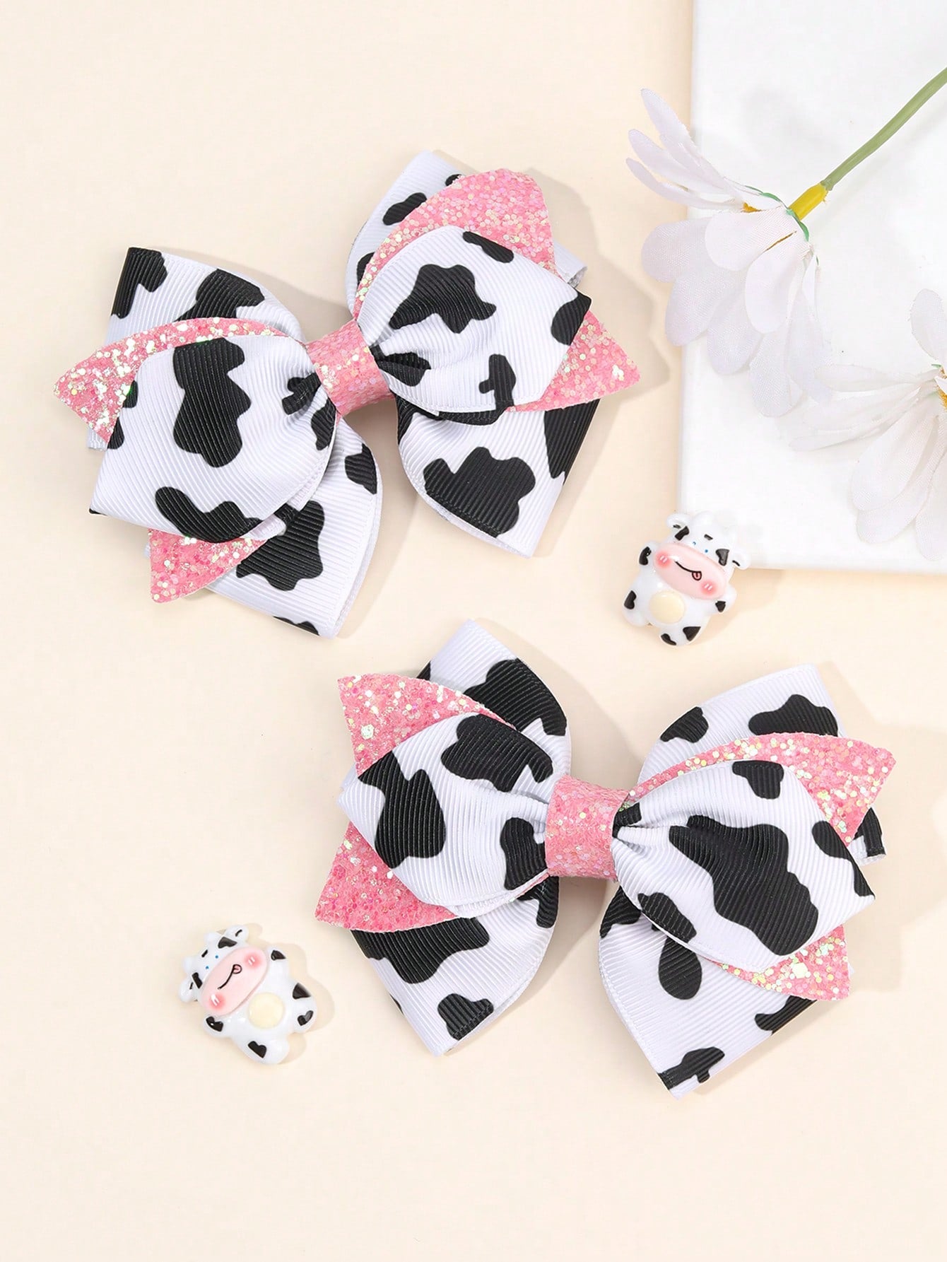 2pcs Girls Cow Print Hair Bows, Cute Pink Glitter Bowknot Hair Clips, Cow Pattern Ribbed Satin Ribbon Bowknot Hair Clips, Cute Hair Accessories, Baby Hair Accessories