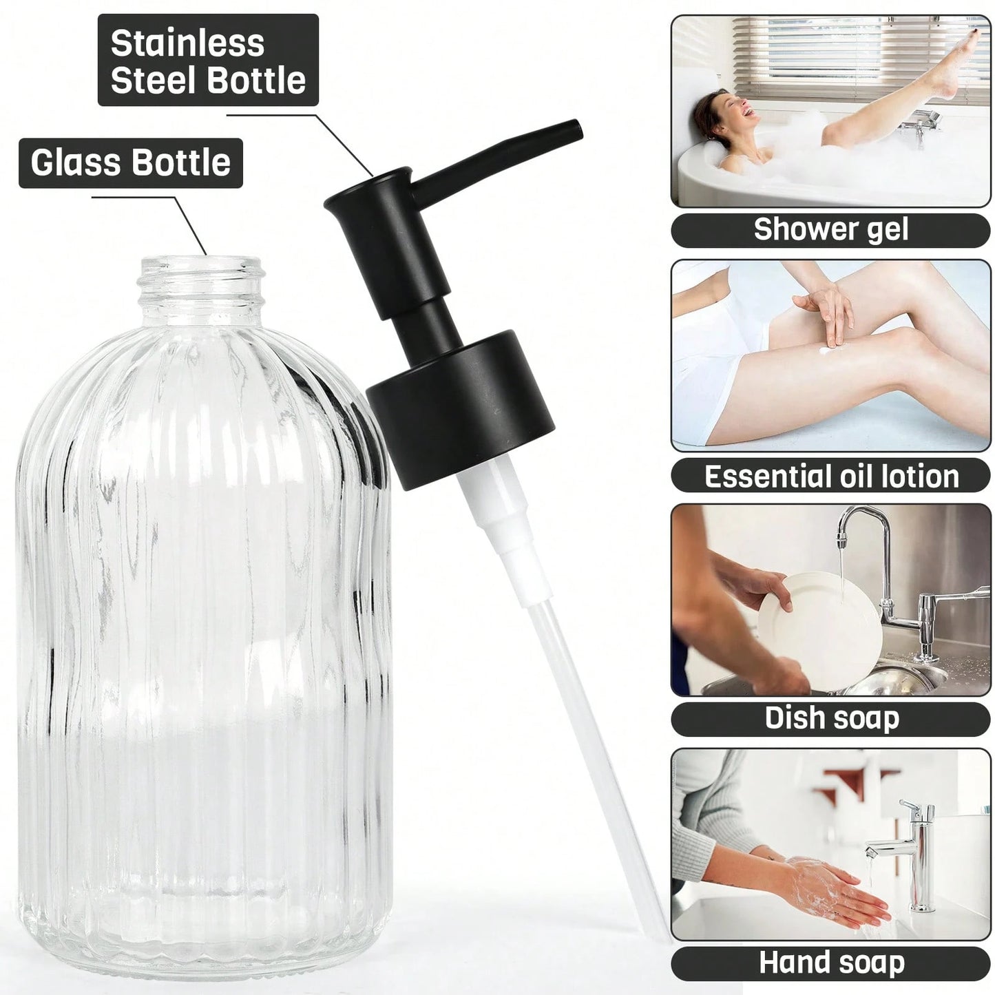 2pcs Glass Soap Dispenser With Plastic Pump, Hand Soap Dispenser For Hand Wash, Lotion Dispenser For Dishwashing Liquid, Lotion Shower Gel