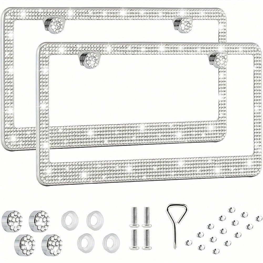 2PCS Glitter License Plate Frame- Square Hole Diamond Bling Chrome Car Accessories,Glitter Square Hole Cover, Anti-Theft Bolt Design, Gift For Car Lovers,Universal Fit For All Cars