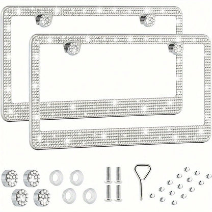 2PCS Glitter License Plate Frame- Square Hole Diamond Bling Chrome Car Accessories,Glitter Square Hole Cover, Anti-Theft Bolt Design, Gift For Car Lovers,Universal Fit For All Cars