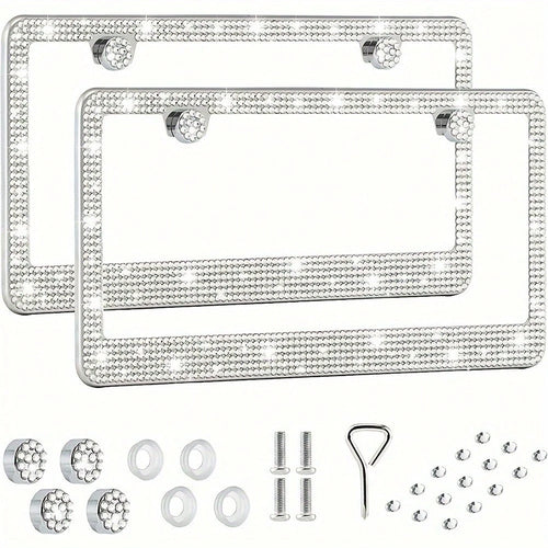 2PCS Glitter License Plate Frame- Square Hole Diamond Bling Chrome Car Accessories,Glitter Square Hole Cover, Anti-Theft Bolt Design, Gift For Car Lovers,Universal Fit For All Cars