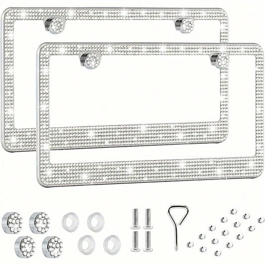 2PCS Glitter License Plate Frame- Square Hole Diamond Bling Chrome Car Accessories,Glitter Square Hole Cover, Anti-Theft Bolt Design, Gift For Car Lovers,Universal Fit For All Cars