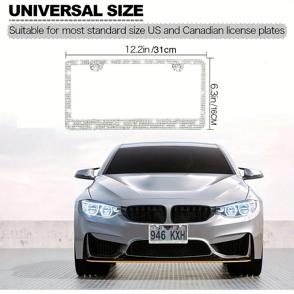 2PCS Glitter License Plate Frame- Square Hole Diamond Bling Chrome Car Accessories,Glitter Square Hole Cover, Anti-Theft Bolt Design, Gift For Car Lovers,Universal Fit For All Cars