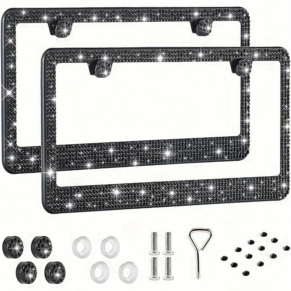 2PCS Glitter License Plate Frame- Square Hole Diamond Bling Chrome Car Accessories,Glitter Square Hole Cover, Anti-Theft Bolt Design, Gift For Car Lovers,Universal Fit For All Cars