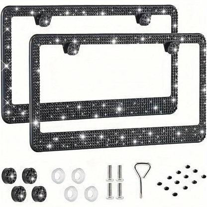2PCS Glitter License Plate Frame- Square Hole Diamond Bling Chrome Car Accessories,Glitter Square Hole Cover, Anti-Theft Bolt Design, Gift For Car Lovers,Universal Fit For All Cars