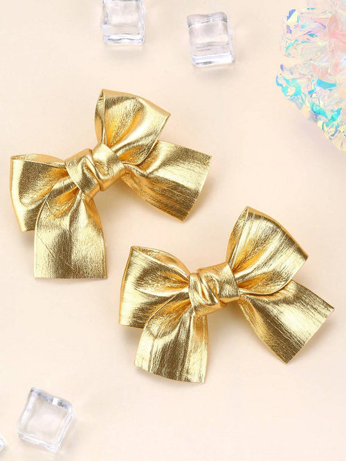 2pcs Gold Bow Hair Clips, Shiny Gold Hair Clips With Full Lining, Cute Sparkling Hair Accessories, Short Tail Design, Children/Baby Hair Decor, Valentine's Day Heart Gift