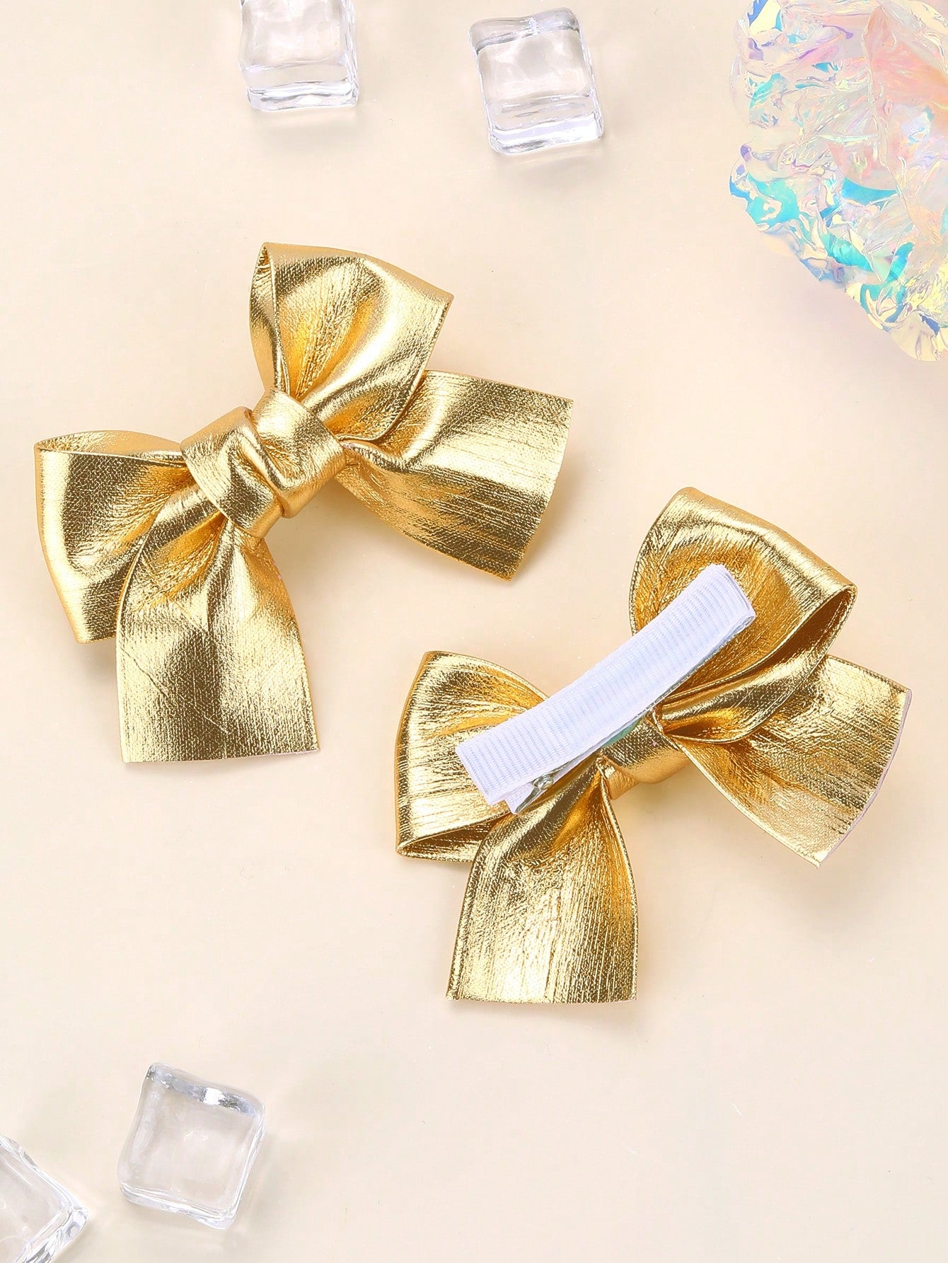 2pcs Gold Bow Hair Clips, Shiny Gold Hair Clips With Full Lining, Cute Sparkling Hair Accessories, Short Tail Design, Children/Baby Hair Decor, Valentine's Day Heart Gift
