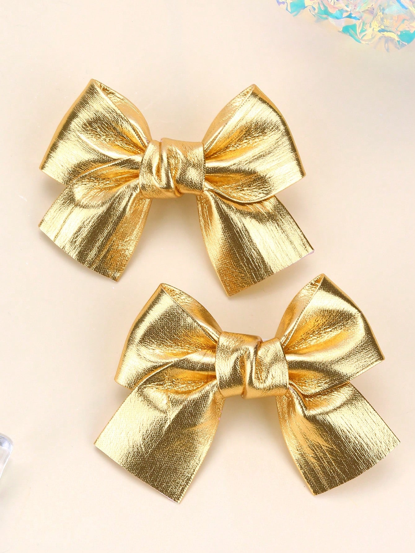 2pcs Gold Bow Hair Clips, Shiny Gold Hair Clips With Full Lining, Cute Sparkling Hair Accessories, Short Tail Design, Children/Baby Hair Decor, Valentine's Day Heart Gift