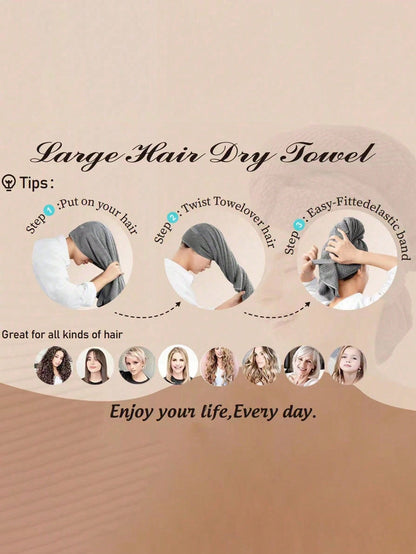 2PCS Large Microfiber Hair Towel Wraps For Women, 20*39" Super Absorbent & Quick-Dry, Hair Turban With Elastic Strap, Anti-Frizz For Curly, Long Short Hair