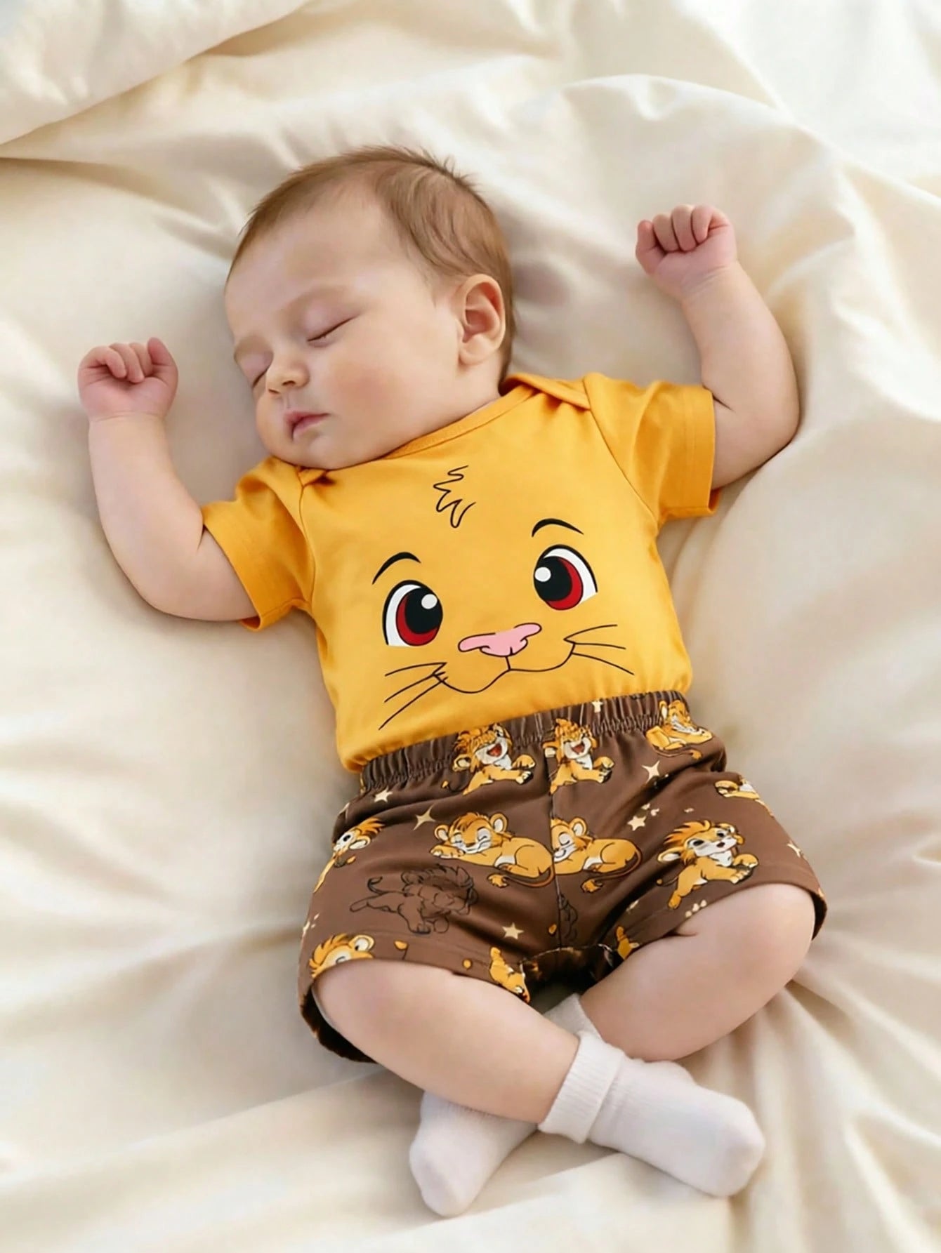 2pcs Newborn Baby Short Sleeve Outfit Lion Print Romper Shorts Brown And Yellow Polka Dot Summer