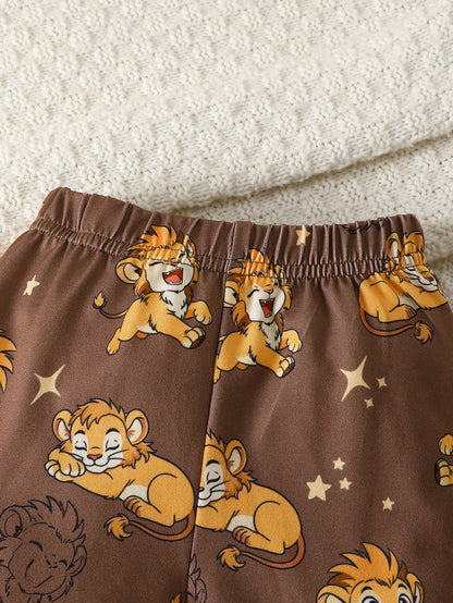 2pcs Newborn Baby Short Sleeve Outfit Lion Print Romper Shorts Brown And Yellow Polka Dot Summer