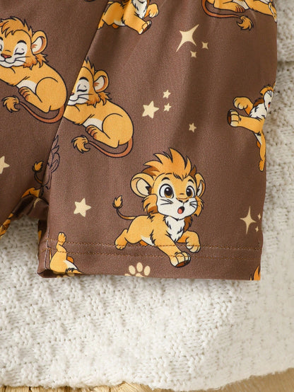 2pcs Newborn Baby Short Sleeve Outfit Lion Print Romper Shorts Brown And Yellow Polka Dot Summer