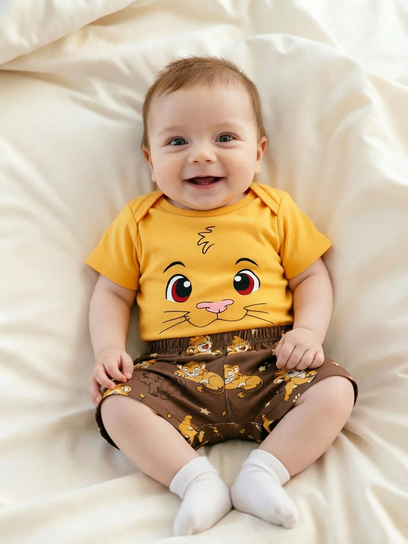 2pcs Newborn Baby Short Sleeve Outfit Lion Print Romper Shorts Brown And Yellow Polka Dot Summer