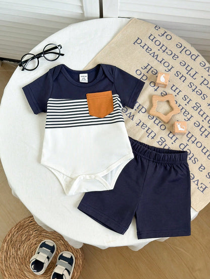 2pcs Newborn Baby Short Sleeve Outfit Lion Print Romper Shorts Brown And Yellow Polka Dot Summer