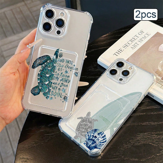2pcs Ocean Print Card Holder Phone Case TPU Shockproof Full Coverage Protective Cover Compatible With Apple 11/12/13/14/15/16/17 Pro Max