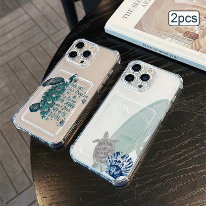 2pcs Ocean Print Card Holder Phone Case TPU Shockproof Full Coverage Protective Cover Compatible With Apple 11/12/13/14/15/16/17 Pro Max
