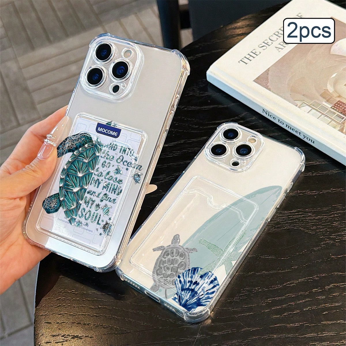 2pcs Ocean Print Card Holder Phone Case TPU Shockproof Full Coverage Protective Cover Compatible With Apple 11/12/13/14/15/16/17 Pro Max