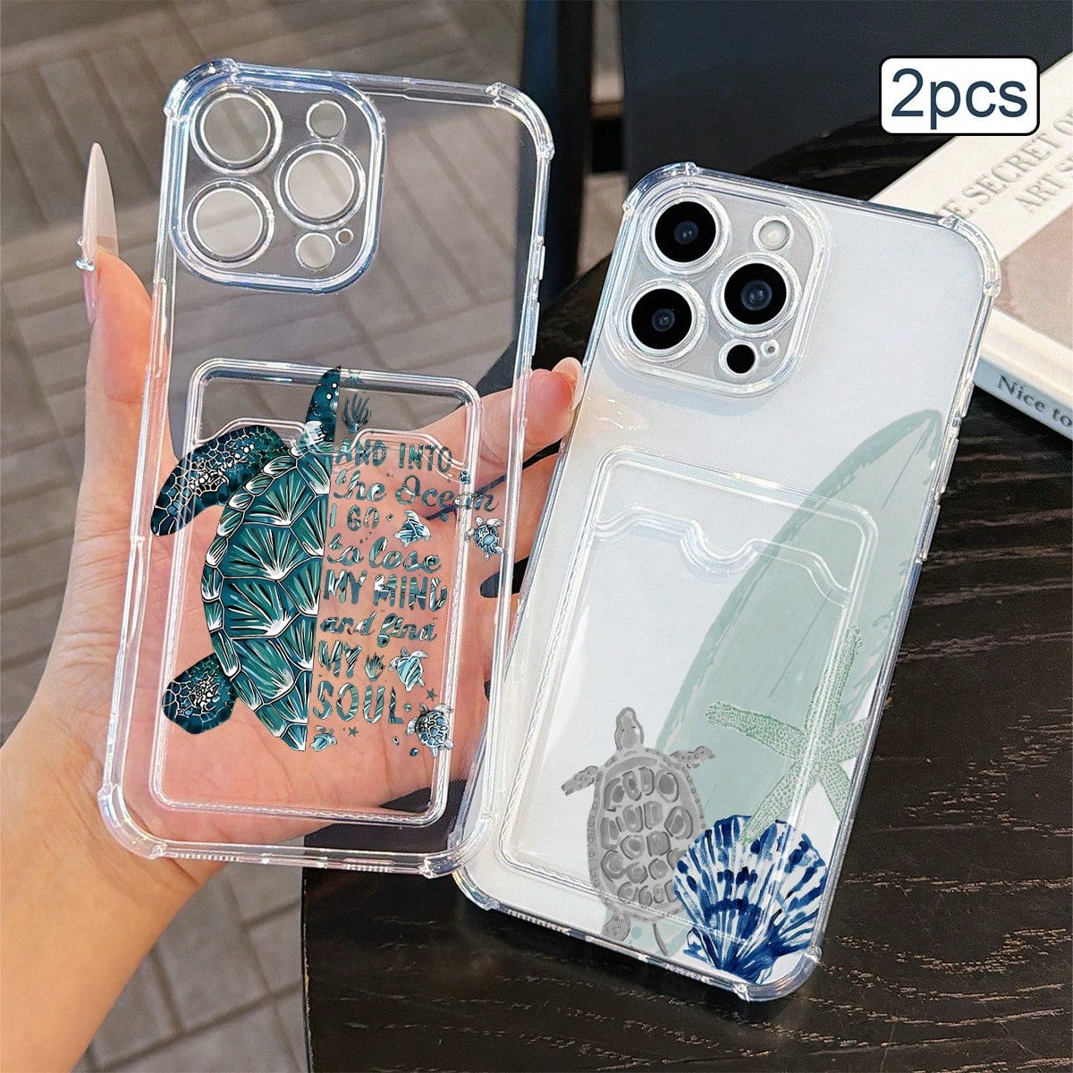 2pcs Ocean Print Card Holder Phone Case TPU Shockproof Full Coverage Protective Cover Compatible With Apple 11/12/13/14/15/16/17 Pro Max