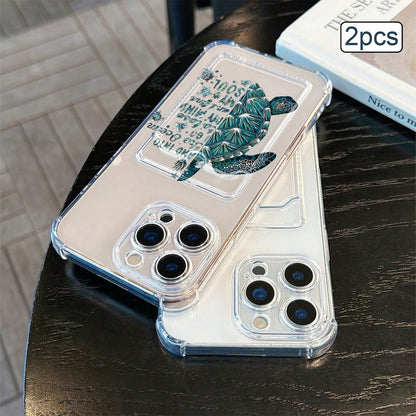 2pcs Ocean Print Card Holder Phone Case TPU Shockproof Full Coverage Protective Cover Compatible With Apple 11/12/13/14/15/16/17 Pro Max