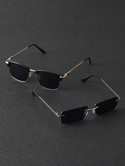 2pcs Plastic & Metal Geometric Classic Modern Minimalist Style Men's UV Protection Sunglasses, Suitable For Daily Driving, Camping, Tropical Beach Vacation, Outdoor Leisure Activities, Outings, Fashio