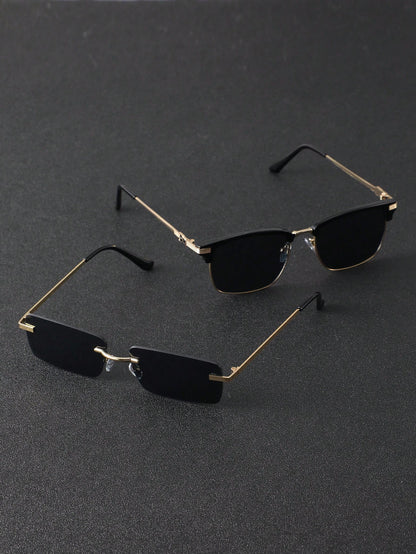 2pcs Plastic & Metal Geometric Classic Modern Minimalist Style Men's UV Protection Sunglasses, Suitable For Daily Driving, Camping, Tropical Beach Vacation, Outdoor Leisure Activities, Outings, Fashio