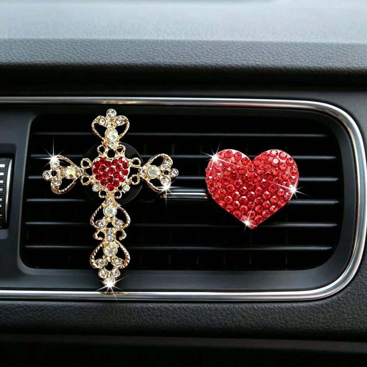 2pcs Rhinestone Heart & Cross Car Air Vent Fragrance Clip Decor, Car Interior Ornament, Car Air Conditioner Fragrance Accessory