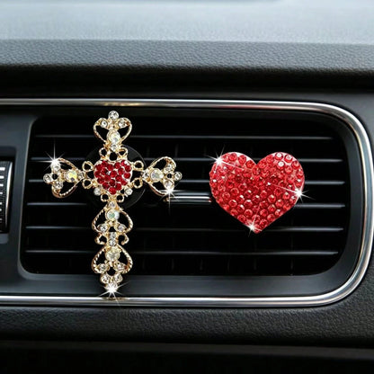 2pcs Rhinestone Heart & Cross Car Air Vent Fragrance Clip Decor, Car Interior Ornament, Car Air Conditioner Fragrance Accessory
