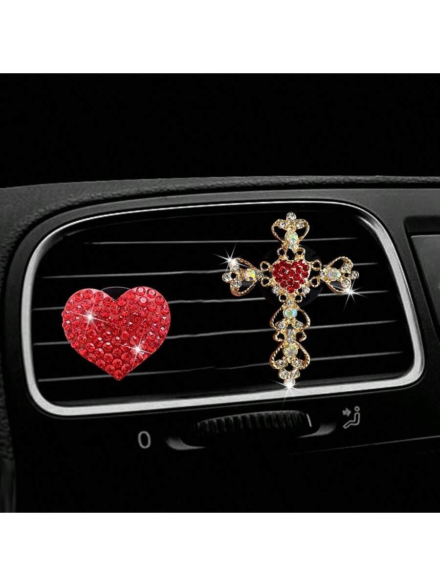 2pcs Rhinestone Heart & Cross Car Air Vent Fragrance Clip Decor, Car Interior Ornament, Car Air Conditioner Fragrance Accessory