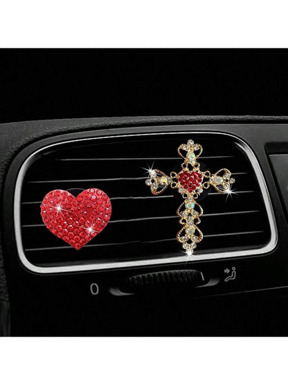 2pcs Rhinestone Heart & Cross Car Air Vent Fragrance Clip Decor, Car Interior Ornament, Car Air Conditioner Fragrance Accessory