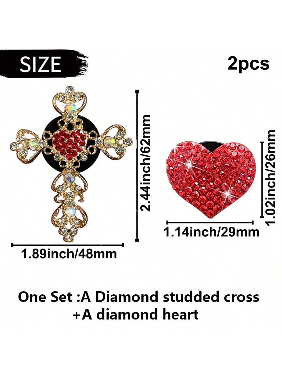 2pcs Rhinestone Heart & Cross Car Air Vent Fragrance Clip Decor, Car Interior Ornament, Car Air Conditioner Fragrance Accessory