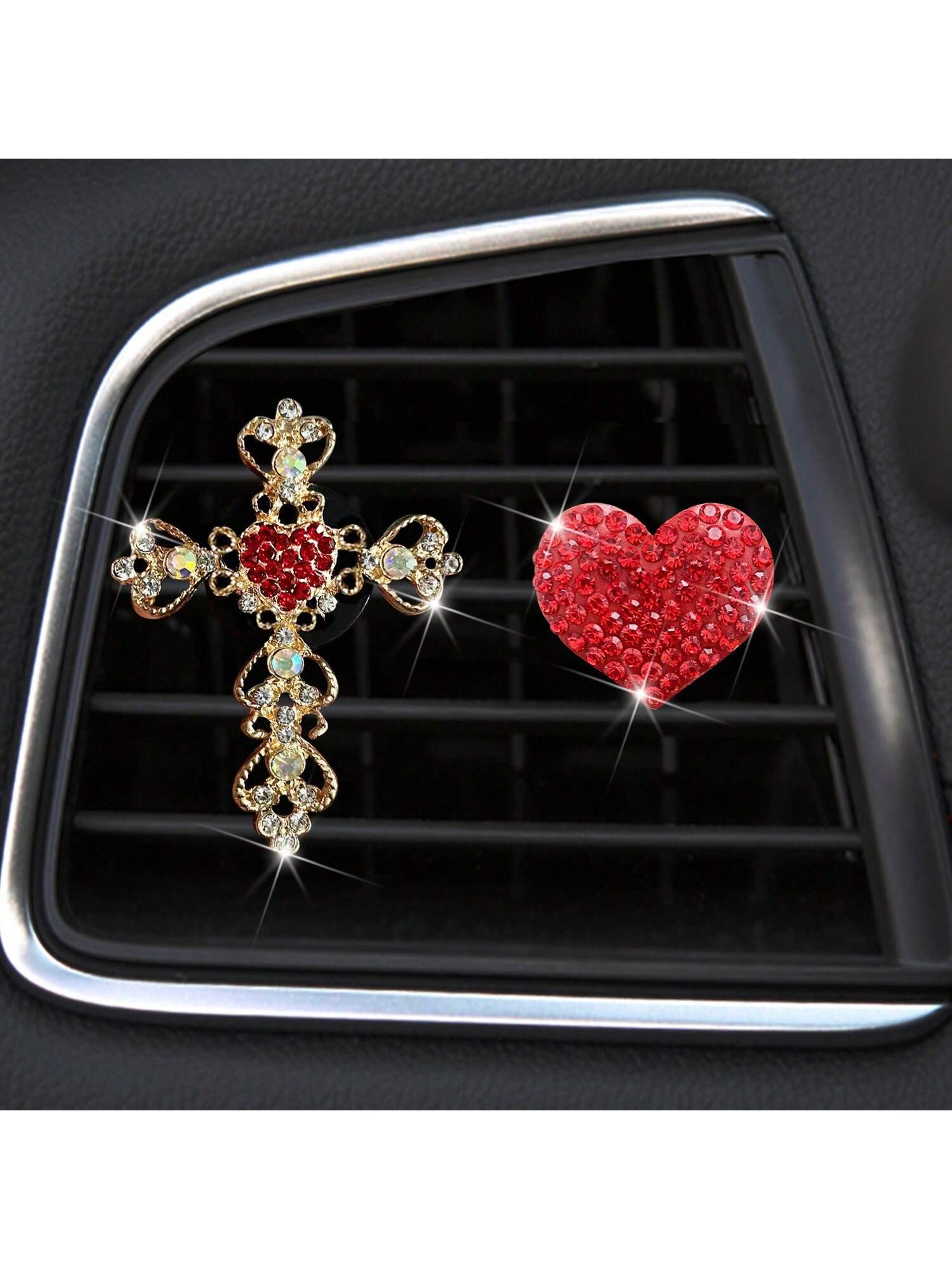 2pcs Rhinestone Heart & Cross Car Air Vent Fragrance Clip Decor, Car Interior Ornament, Car Air Conditioner Fragrance Accessory
