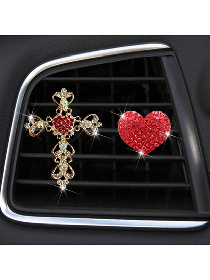 2pcs Rhinestone Heart & Cross Car Air Vent Fragrance Clip Decor, Car Interior Ornament, Car Air Conditioner Fragrance Accessory