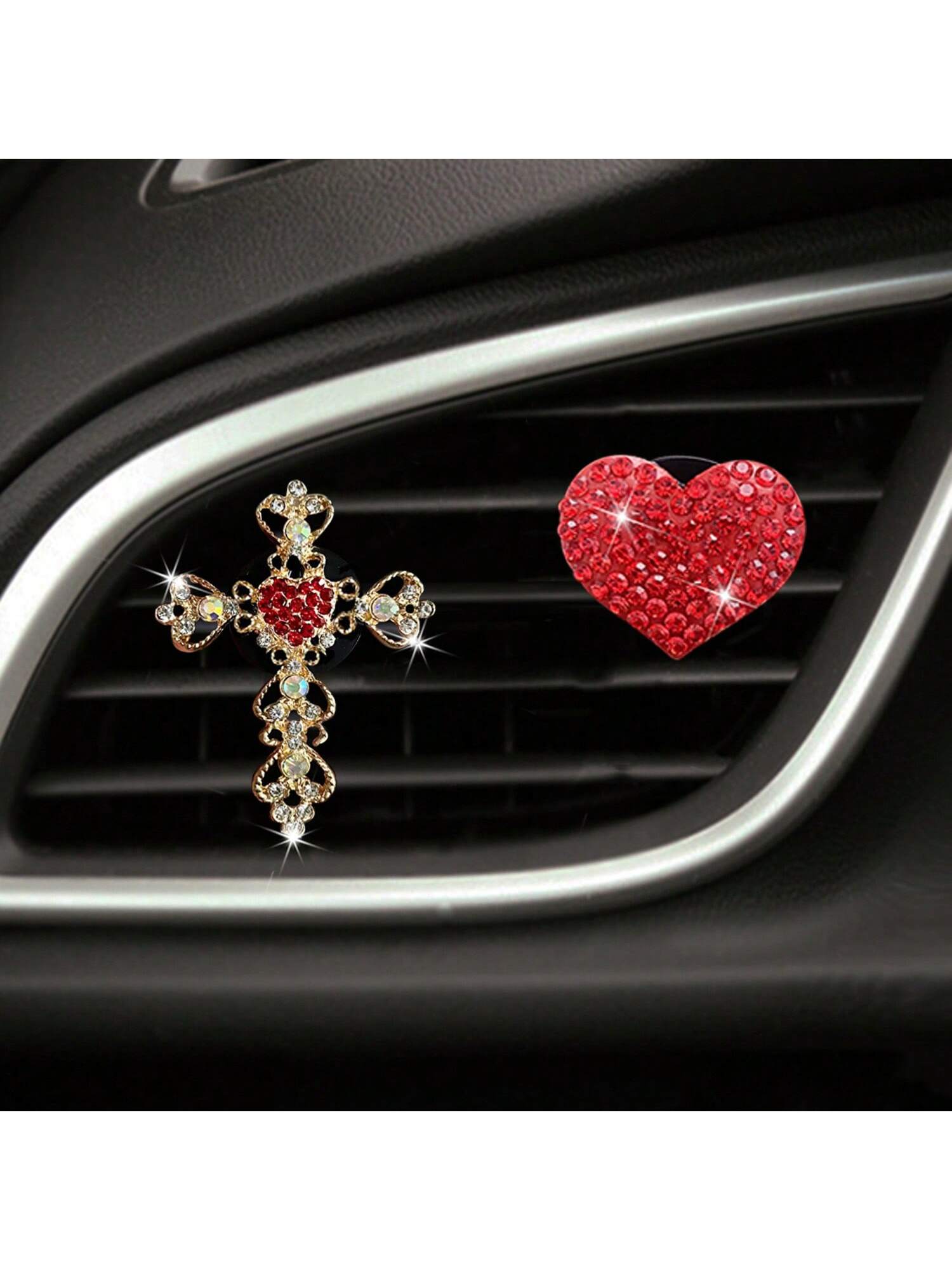 2pcs Rhinestone Heart & Cross Car Air Vent Fragrance Clip Decor, Car Interior Ornament, Car Air Conditioner Fragrance Accessory