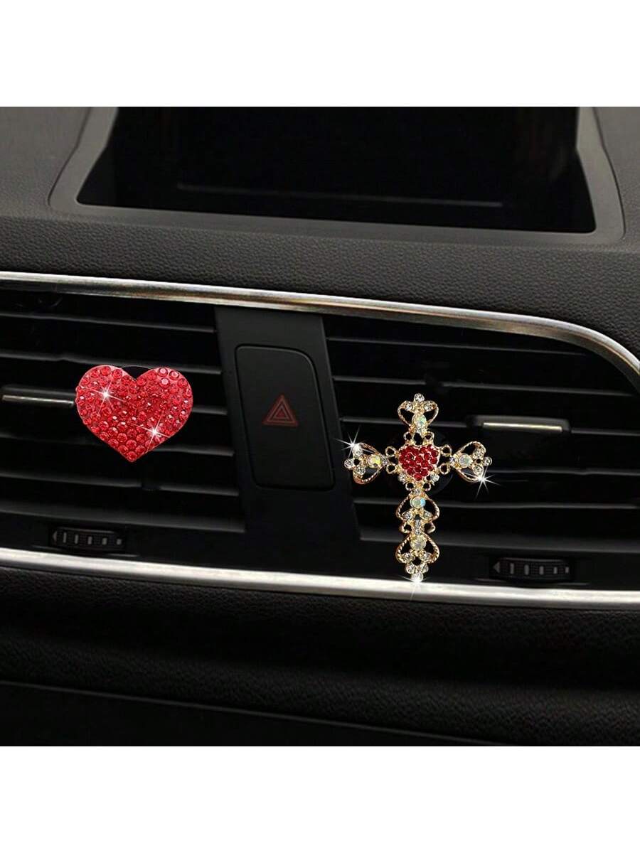 2pcs Rhinestone Heart & Cross Car Air Vent Fragrance Clip Decor, Car Interior Ornament, Car Air Conditioner Fragrance Accessory