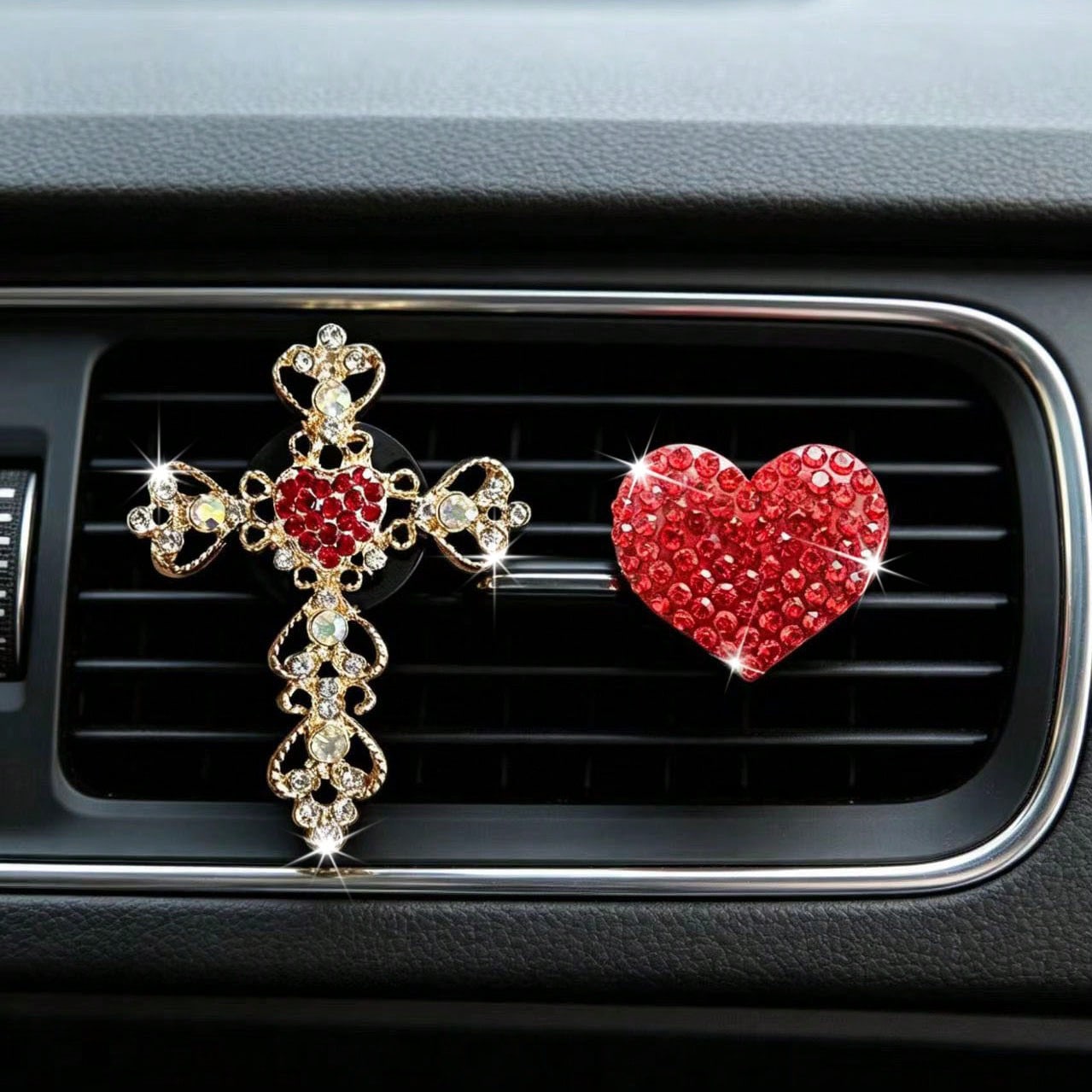 2pcs Rhinestone Heart & Cross Car Air Vent Fragrance Clip Decor, Car Interior Ornament, Car Air Conditioner Fragrance Accessory