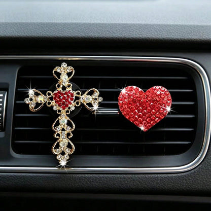 2pcs Rhinestone Heart & Cross Car Air Vent Fragrance Clip Decor, Car Interior Ornament, Car Air Conditioner Fragrance Accessory