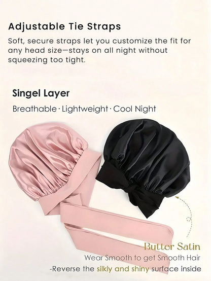 2pcs Satin Sleeping Bonnet For Women, Large Silk Sleep Cap With Long Strap, Adjustable Sleep Cap Hair Bonnet For Women & Men, Satin Hair Cap, Lightweight Wide Brim High Elasticity Cap, High-End Satin